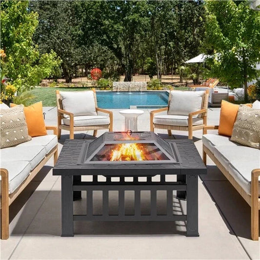 Large Fire Pit BBQ Outdoor Iron Grill Square Garden Table Patio Log Burner Stove Corbycart