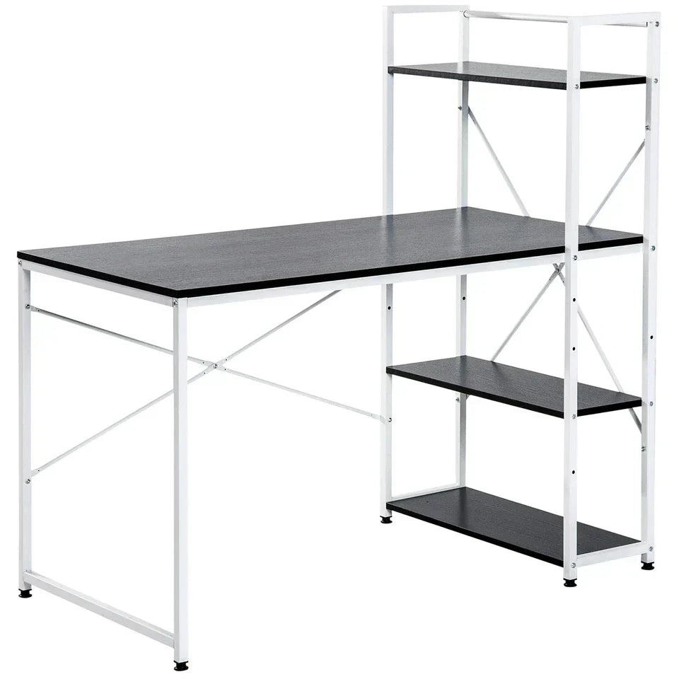 Computer Desk Laptop Table w/4-tier Bookshelf Metal Frame Black, White