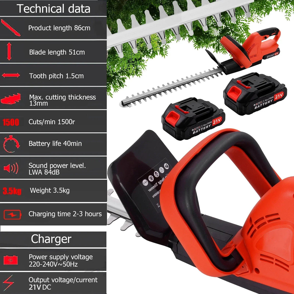 Brushless Cordless Hedge Trimmer Tree Branch Cutter Tool with 2Battery & Charger CorbyCart
