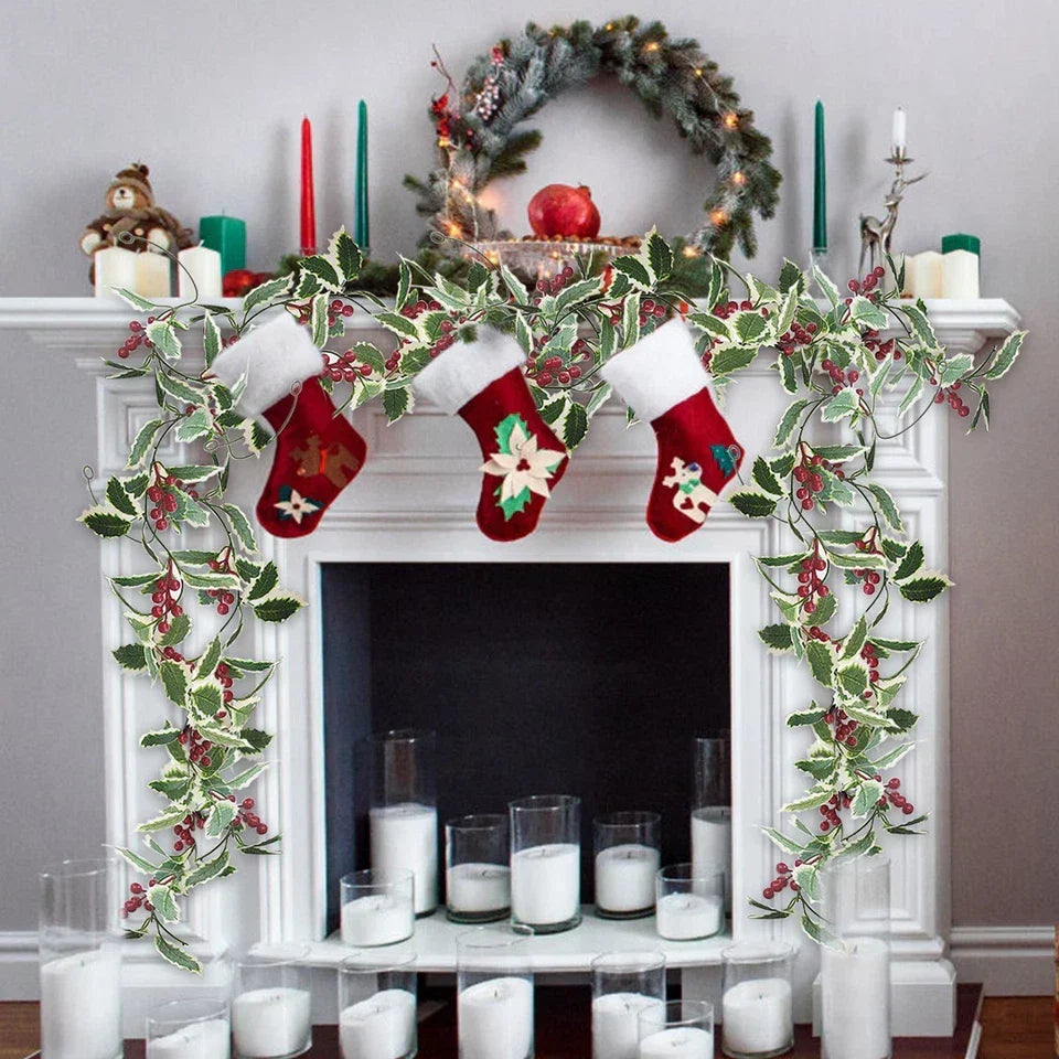2M Christmas Garland Holly Leaf Red Berries Winter Fireplace Hanging Party Decor CorbyCart