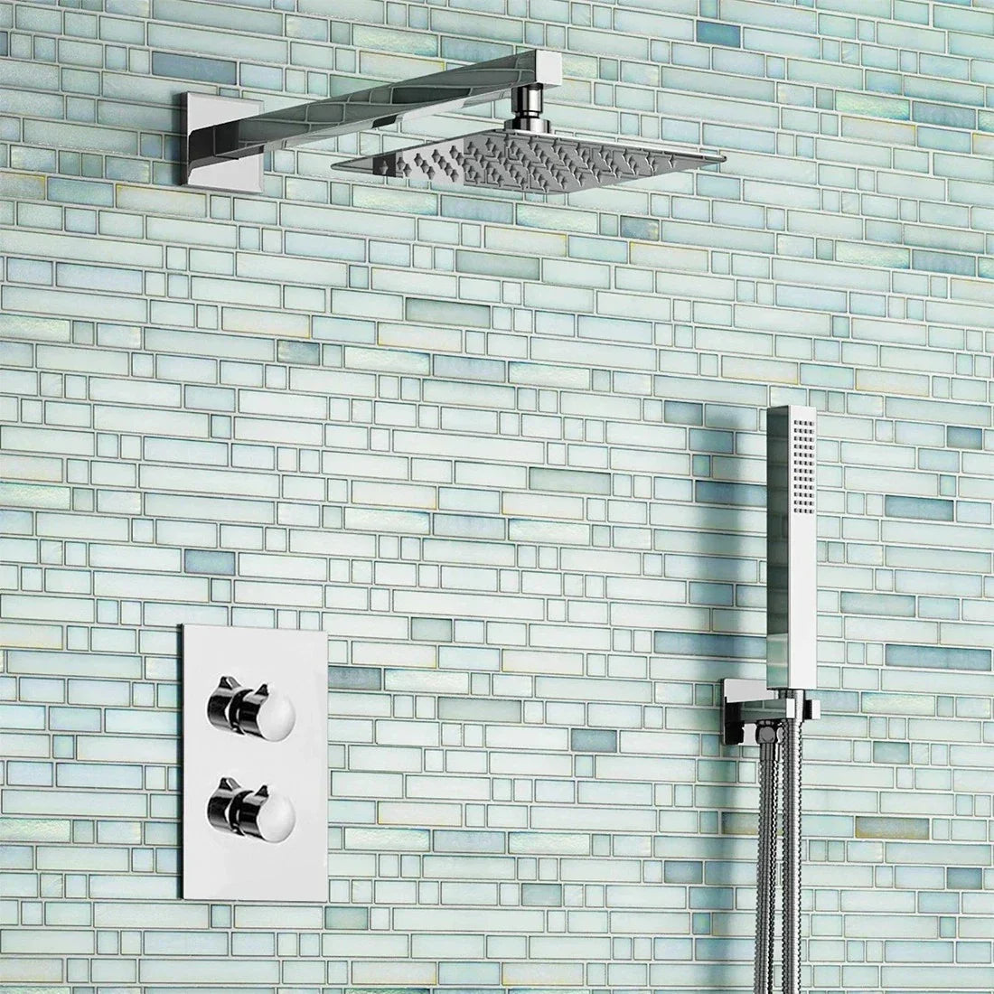 Modern Concealed Square Shower Brass Valve Mixer Twin Head Shower Set Chrome CorbyCart