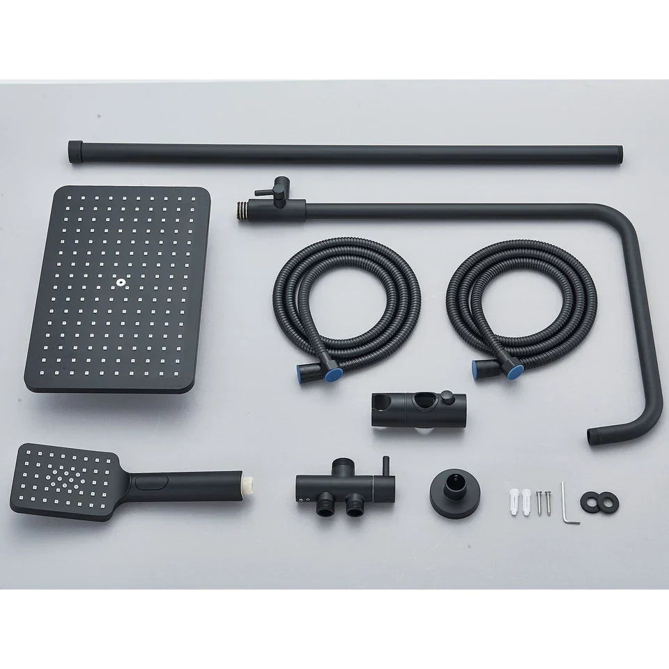 Black Exposed Bathroom Shower Twin Head Large Bar Set Square Valve Rail Hose Tap CorbyCart