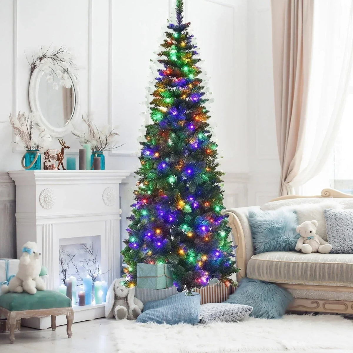4/5/6/7ft Pencil Slim Christmas Tree with Lights Artificial XMAS Home Decoration CorbyCart