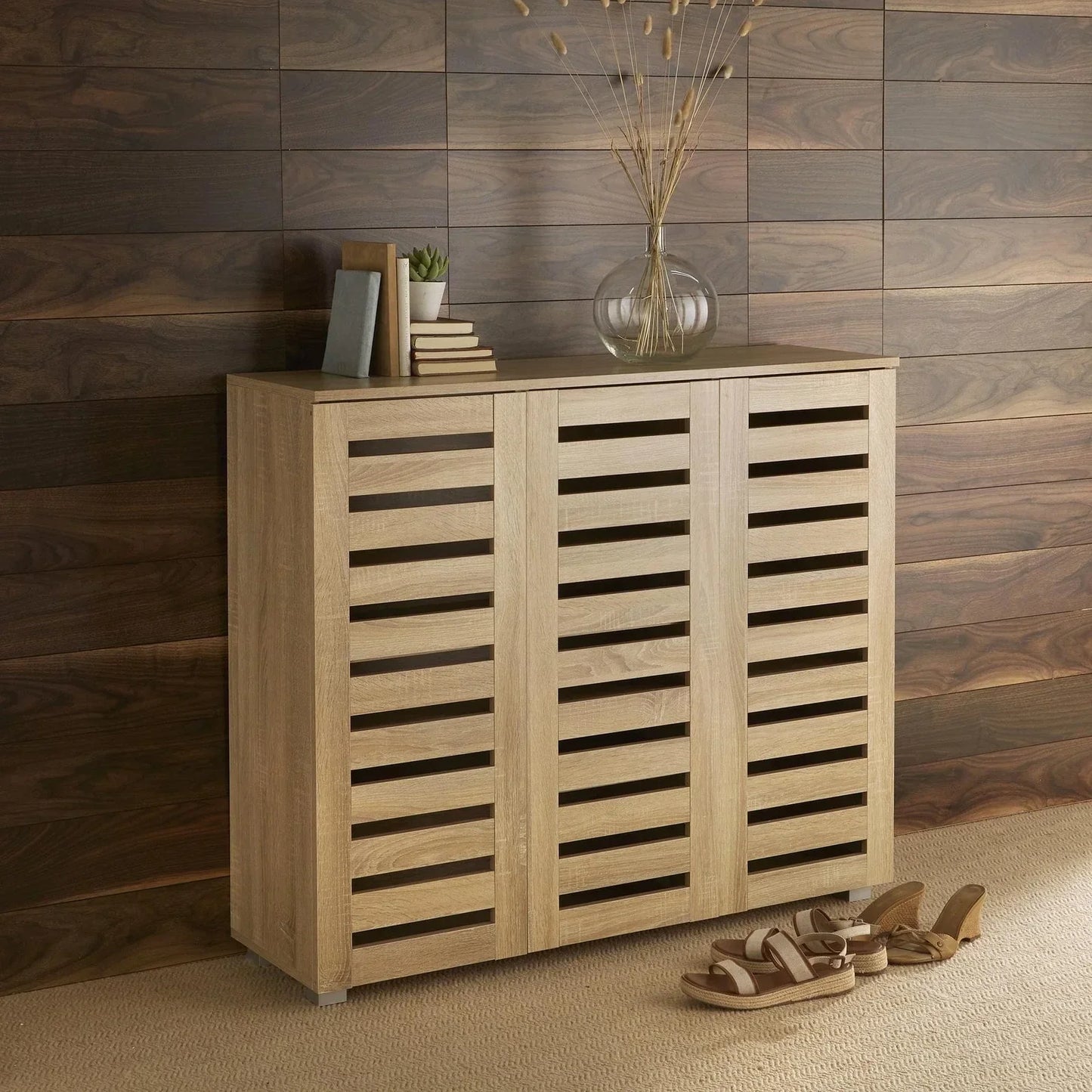 Oslo 3 Door Oak Wooden Shoe Storage Cabinet Rack