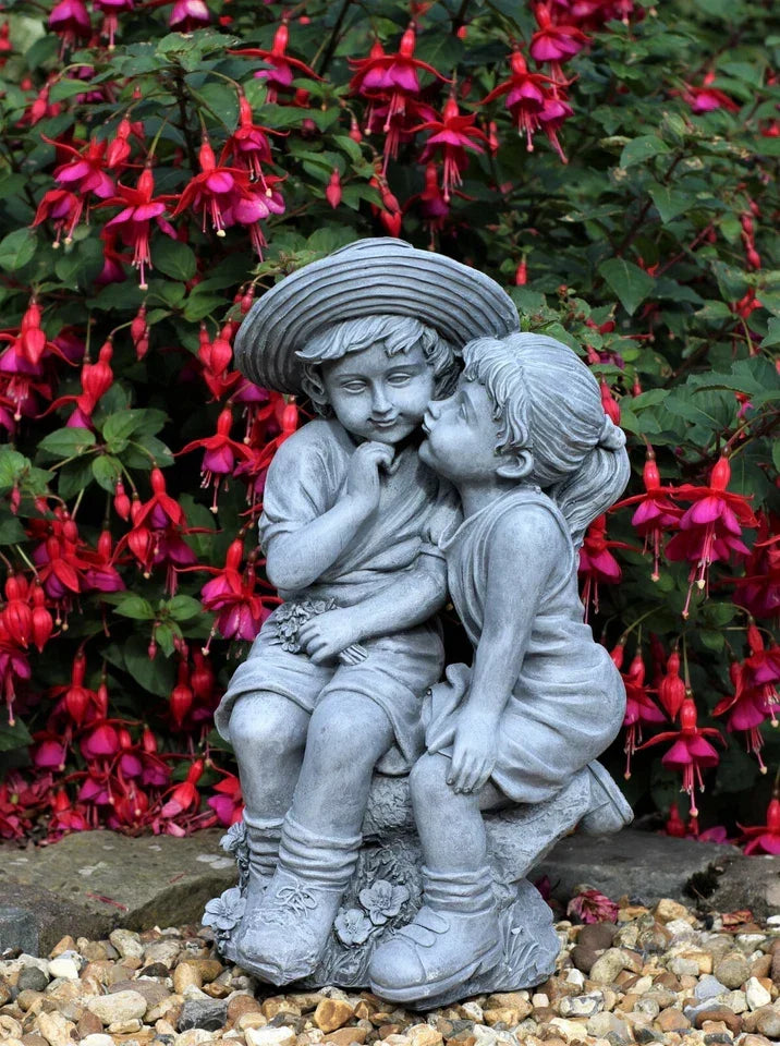 Garden Ornaments Boy & Girl Loving Kissing Cherub Statue Grey Corbycart