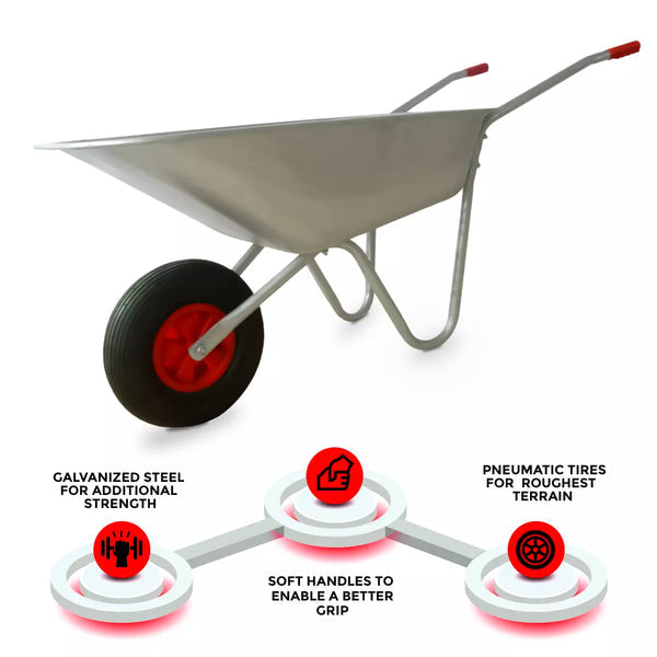 65L Wheelbarrow Heavy Duty Galvanised Home Garden Metal Cart with Pneumatic Tyre Corbycart