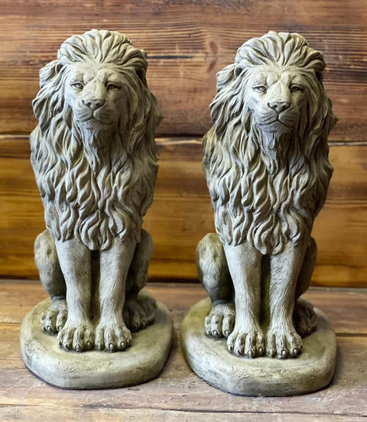 LION PAIR Stone Garden Ornament 40cm Statue Corbycart