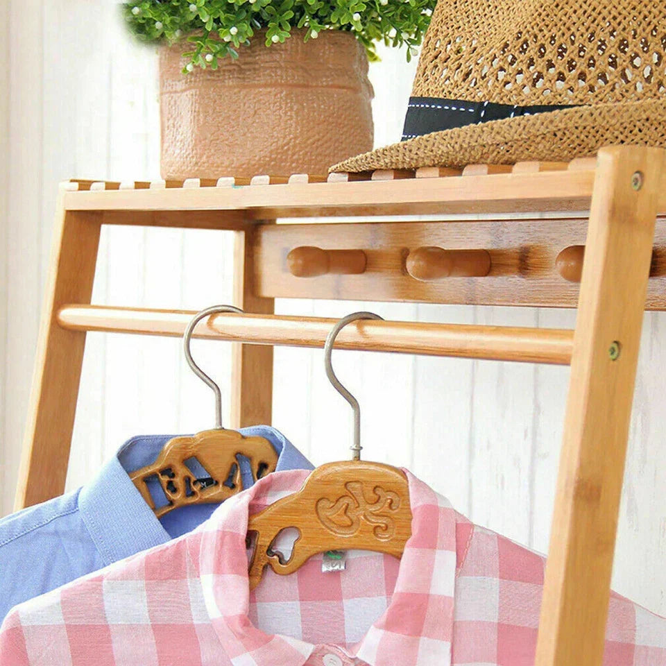 Bamboo Clothes Rail Rack Garment Stand with Top Shelf Shoe Storage Ladder Rails