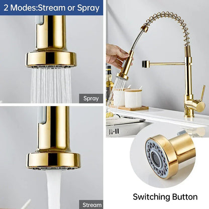 Modern Gold Kitchen Mixer Taps Pull out Spray 360° Mono Single Lever Sink Faucet