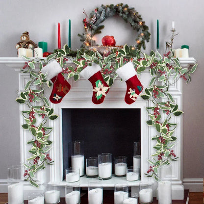 2M Christmas Garland Holly Leaf Red Berries Winter Fireplace Hanging Party Decor CorbyCart