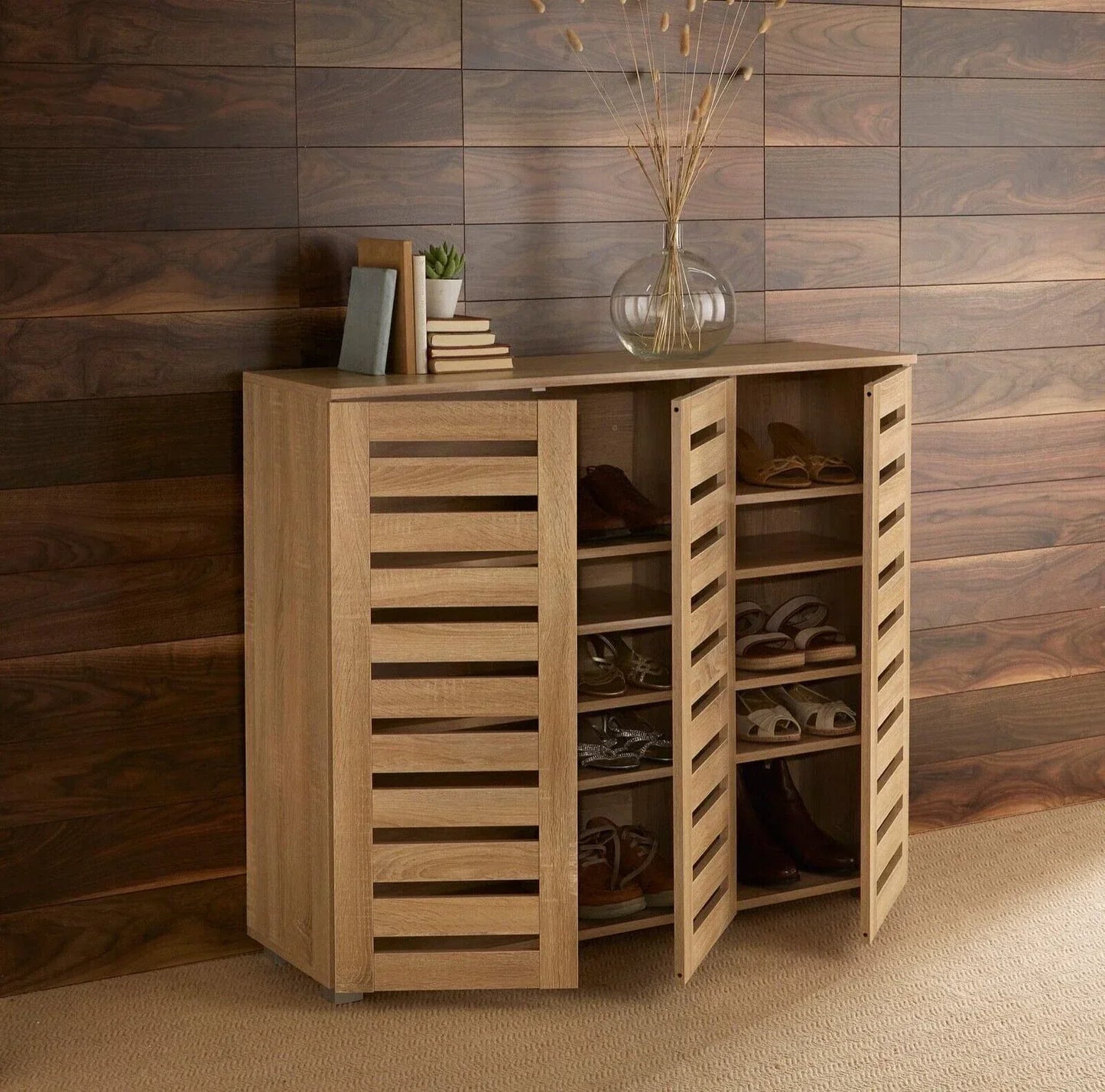 Oslo 3 Door Oak Wooden Shoe Storage Cabinet Rack