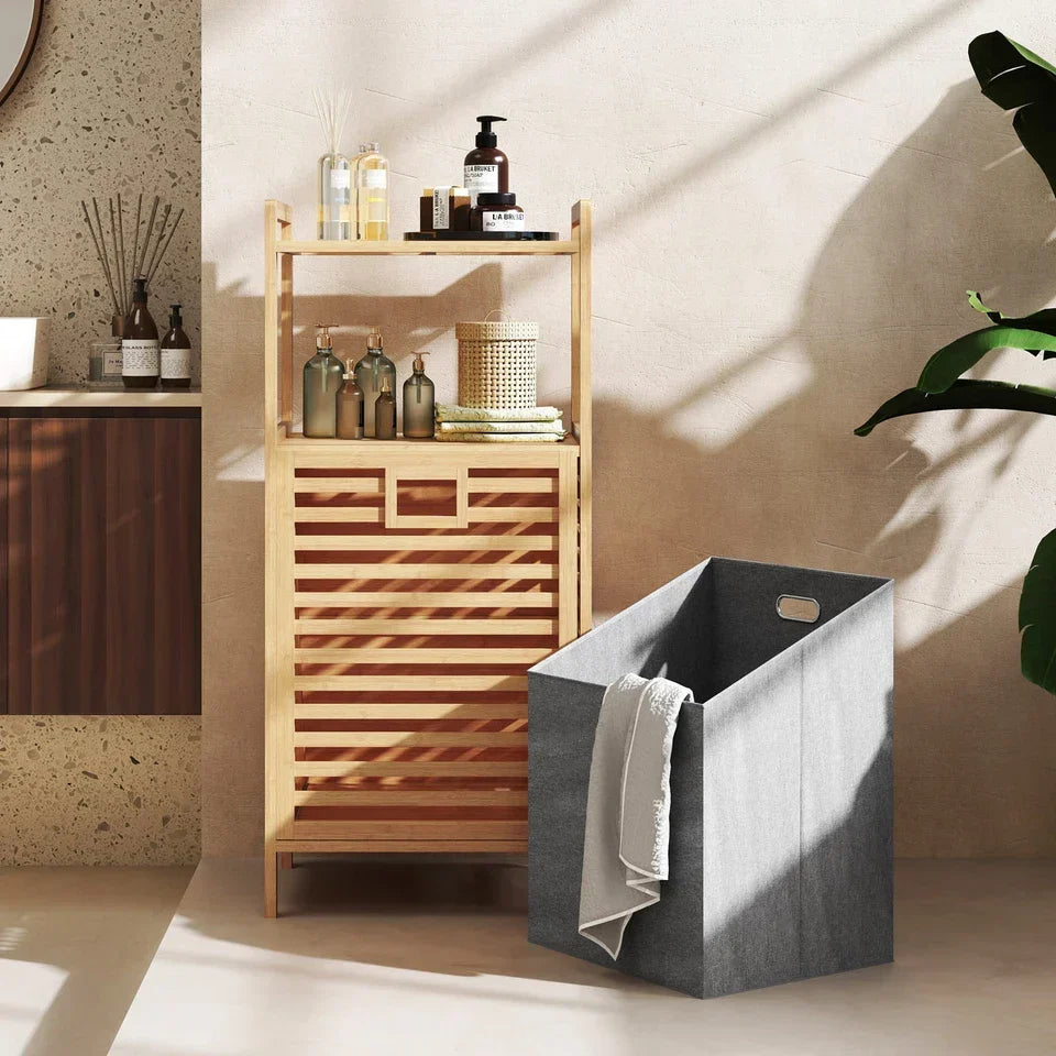 Bamboo Bathroom Shelf Tilt out Laundry Hamper Storage Organiser w/Laundry Basket