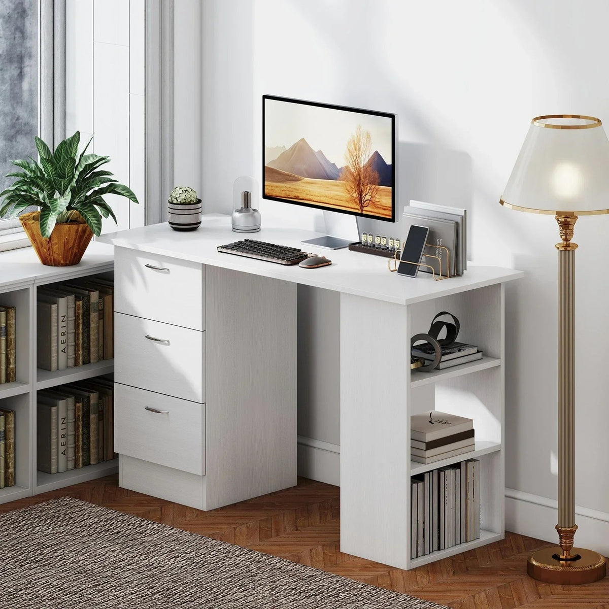 120cm Computer Desk PC Table Workstation w/ 3 Shelf & Drawers White CorbyCart