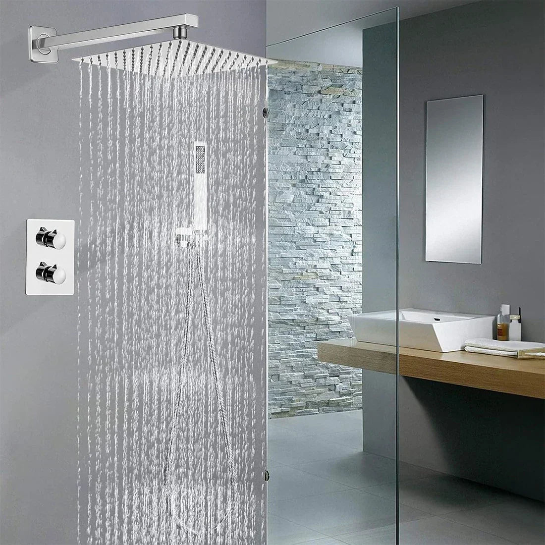 Modern Concealed Square Shower Brass Valve Mixer Twin Head Shower Set Chrome CorbyCart
