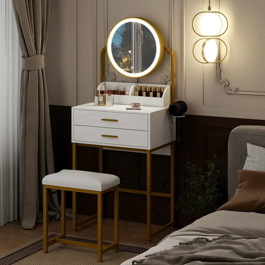 Modern Vanity Dressing Table LED Light Mirror Stool Shelves 2 Drawers Compact CorbyCart