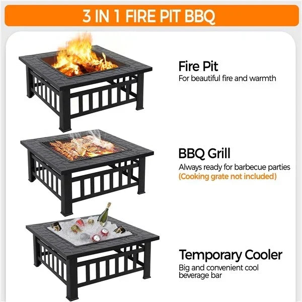 Large Fire Pit BBQ Outdoor Iron Grill Square Garden Table Patio Log Burner Stove
