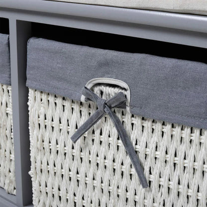 Large Shoe Storage Bench with Seat Cushion And 2 Rattan Basket Organiser Hallway