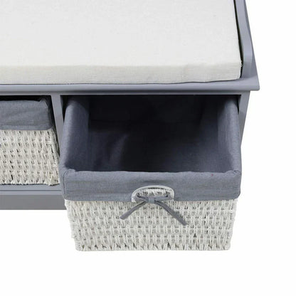 Large Shoe Storage Bench with Seat Cushion And 2 Rattan Basket Organiser Hallway