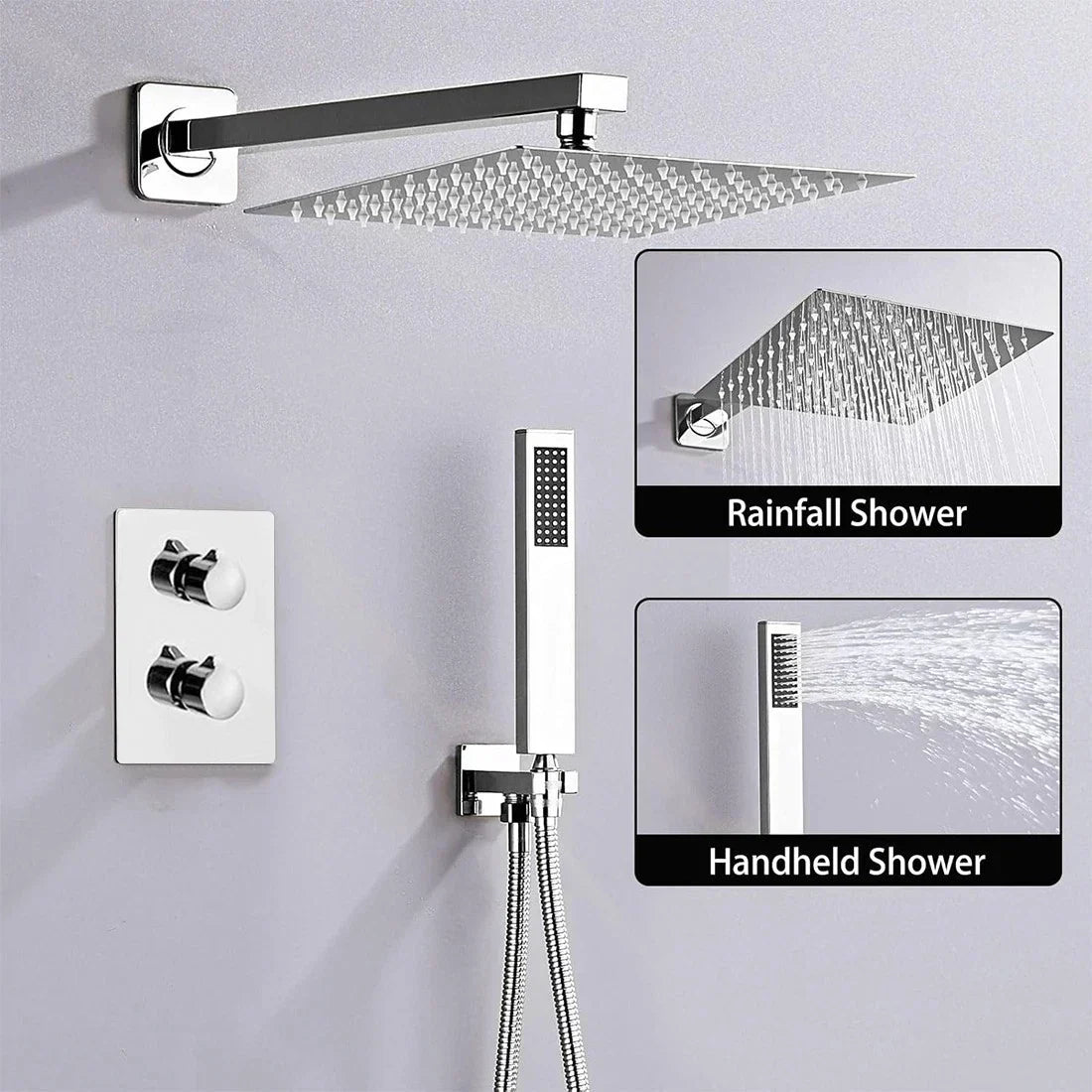Modern Concealed Square Shower Brass Valve Mixer Twin Head Shower Set Chrome CorbyCart