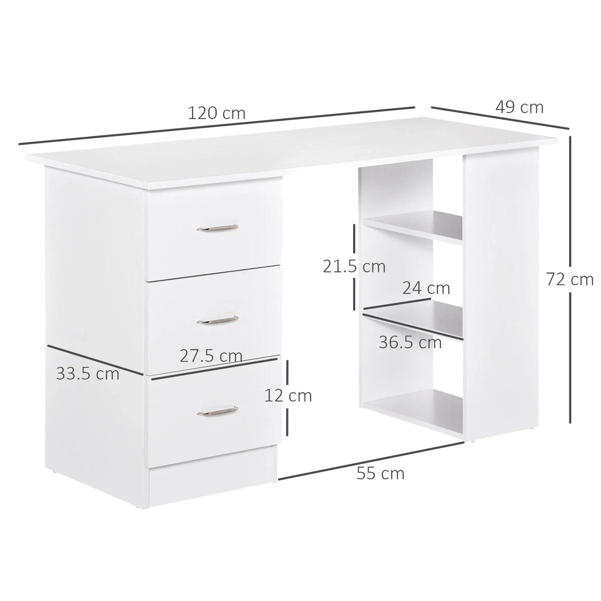 120cm Computer Desk PC Table Workstation w/ 3 Shelf & Drawers White CorbyCart