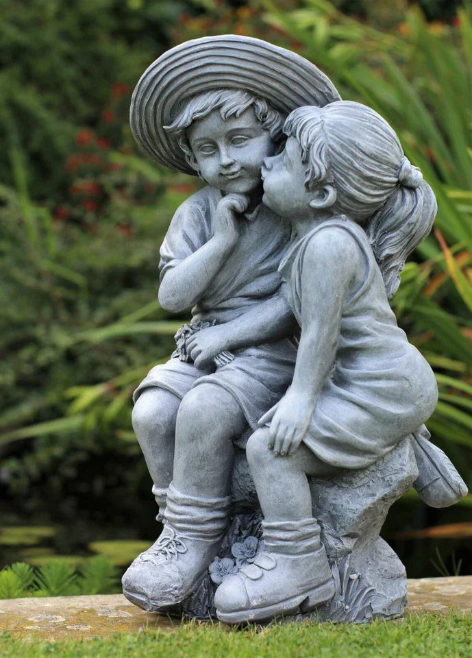 Garden Ornaments Boy & Girl Loving Kissing Cherub Statue Grey Corbycart