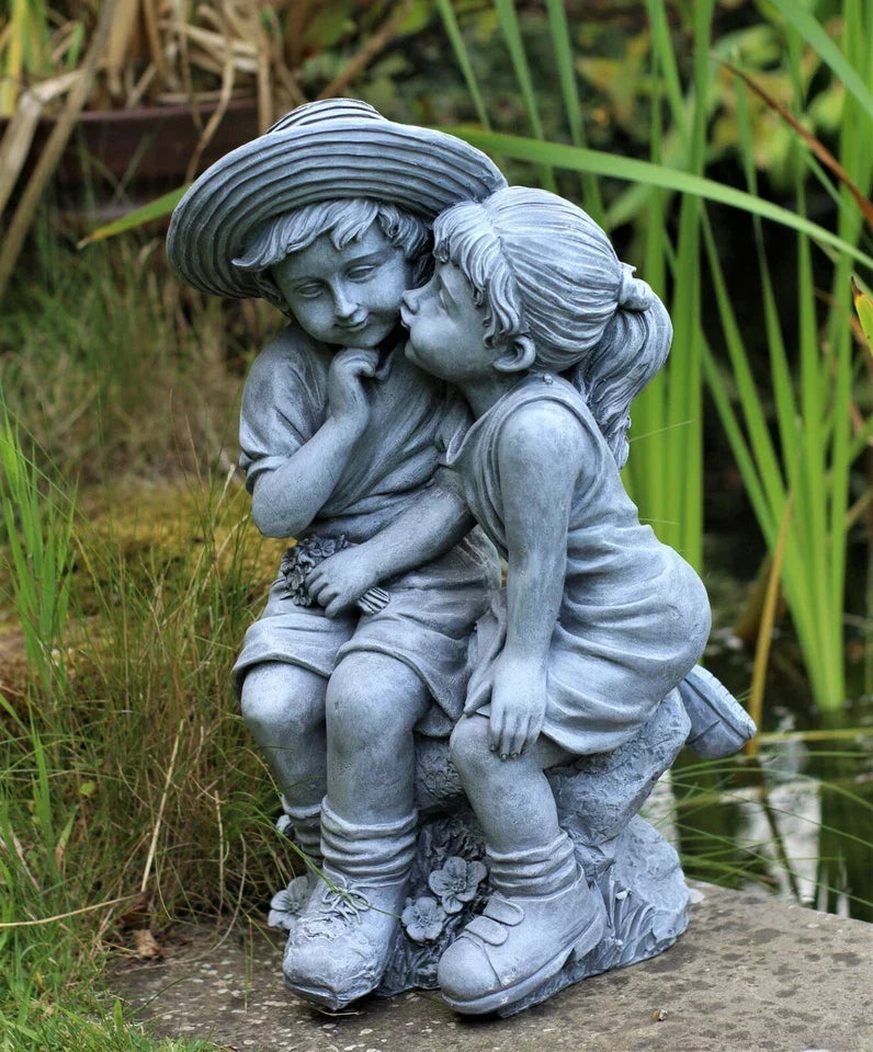 Garden Ornaments Boy & Girl Loving Kissing Cherub Statue Grey Corbycart