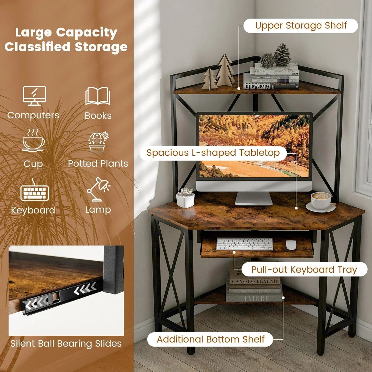 Corner Desk Space-Saving Computer Desk Home Office Study Writing Desk w/Shelves CorbyCart