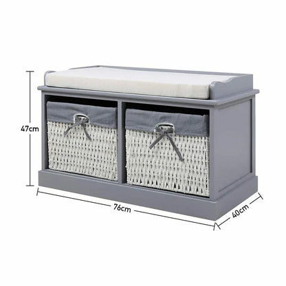 Large Shoe Storage Bench with Seat Cushion And 2 Rattan Basket Organiser Hallway