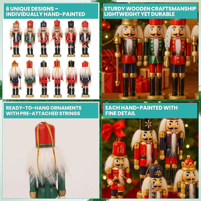 6 Pcs Nutcracker Soldiers Wooden Christmas Tree Decorations Xmas Hanging Decor CorbyCart