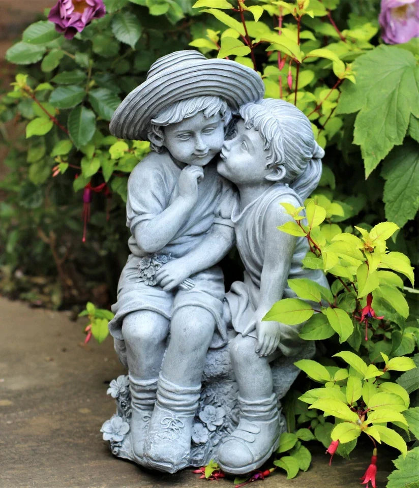 Garden Ornaments Boy & Girl Loving Kissing Cherub Statue Grey Corbycart