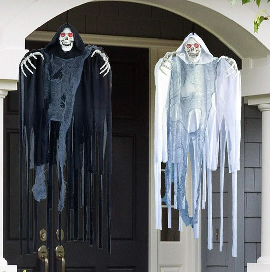 2x Hanging Grim Reaper Halloween Props – LED Eyes, Motion Activated