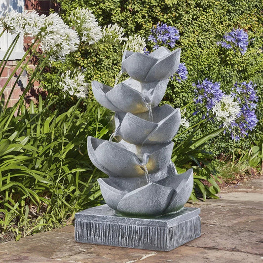 Water Feature Lotus Cascading Fountain With Solar LED Light Outdoor Garden Decor Corbycart