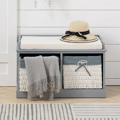 Large Shoe Storage Bench with Seat Cushion And 2 Rattan Basket Organiser Hallway