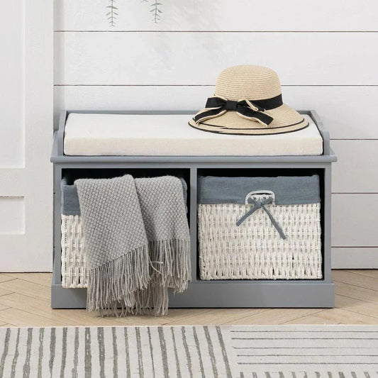 Large Shoe Storage Bench with Seat Cushion And 2 Rattan Basket Organiser Hallway CorbyCart