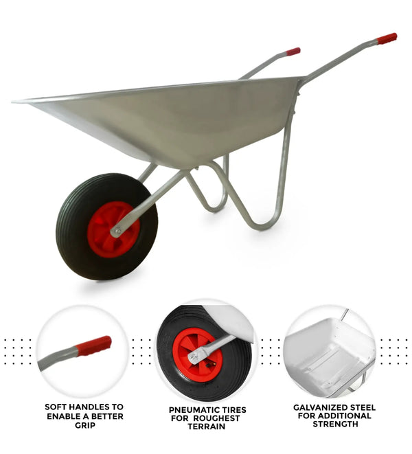65L Wheelbarrow Heavy Duty Galvanised Home Garden Metal Cart with Pneumatic Tyre Corbycart