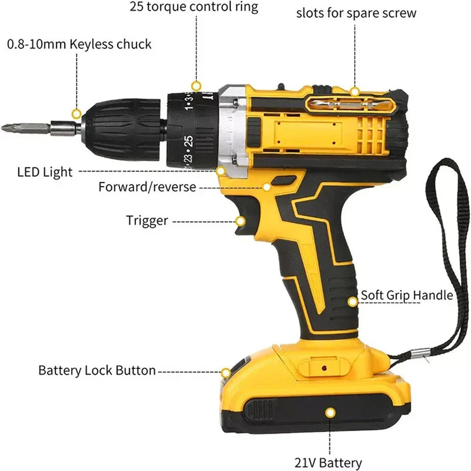 2 Battery 21V Cordless Drill Combi Driver High Power Electric Screwdriver Set UK CorbyCart