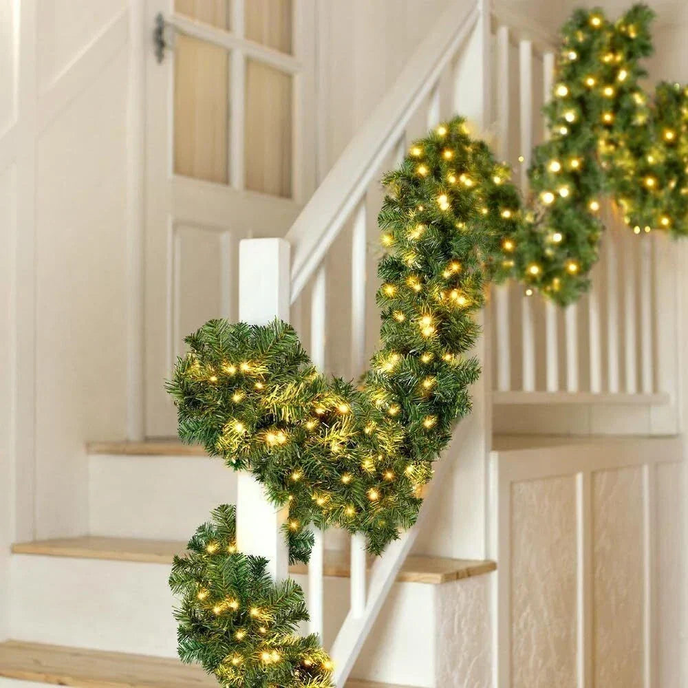16FT Christmas Garland with LED Lights Pre Lit Stairs Home Fireplace Bushy Pine CorbyCart