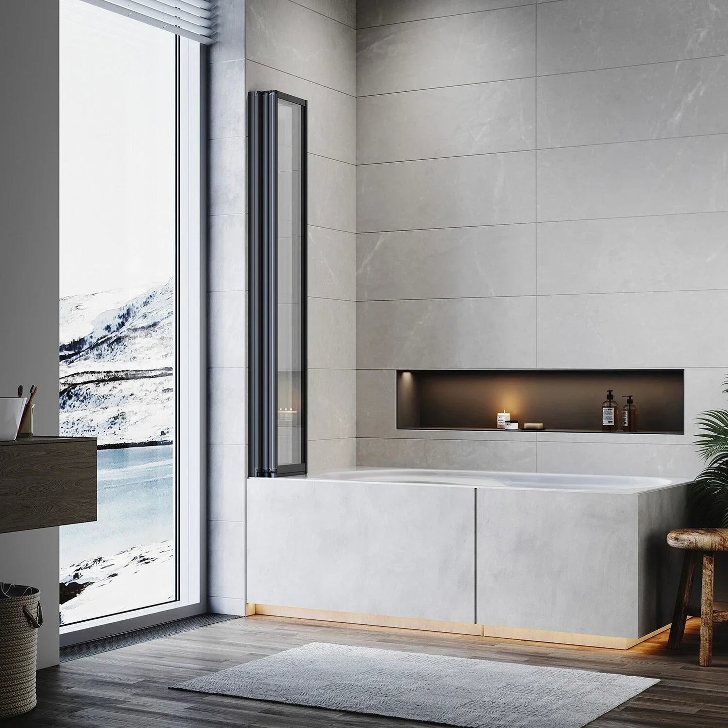 5 Folding Bath Shower Screen Black / Chrome Frame Wet Room Glass Panel 1200 x 1400mm