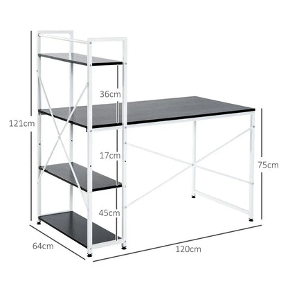 Computer Desk Laptop Table w/4-tier Bookshelf Metal Frame Black, White