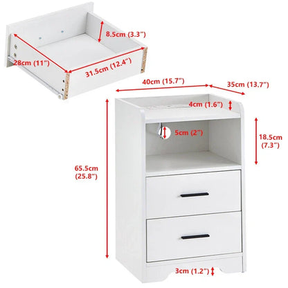 LED Light Bedside Table Nightstand High Gloss 2 Drawers USB Port Power Plug