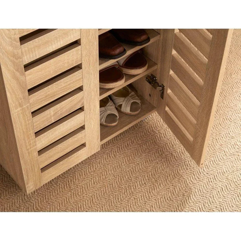 2 Door Shoe Storage Cabinet Rack Stand Cupboard Oak Wooden Slatted Doors Oslo CorbyCart