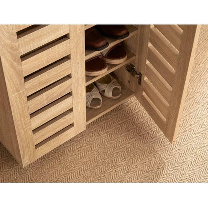 2 Door Shoe Storage Cabinet Rack Stand Cupboard Oak Wooden Slatted Doors Oslo CorbyCart