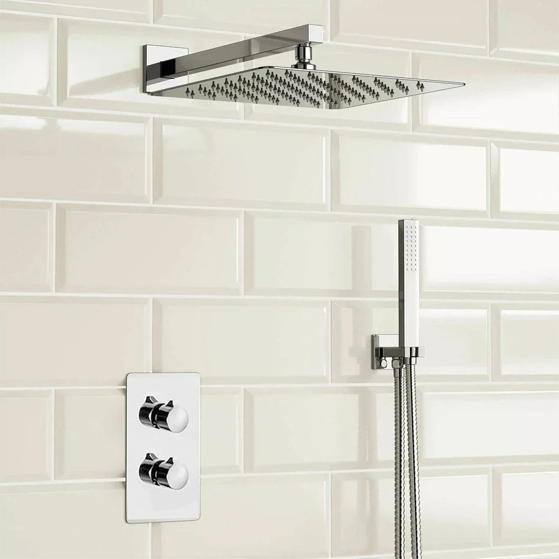 Modern Concealed Square Shower Brass Valve Mixer Twin Head Shower Set Chrome CorbyCart