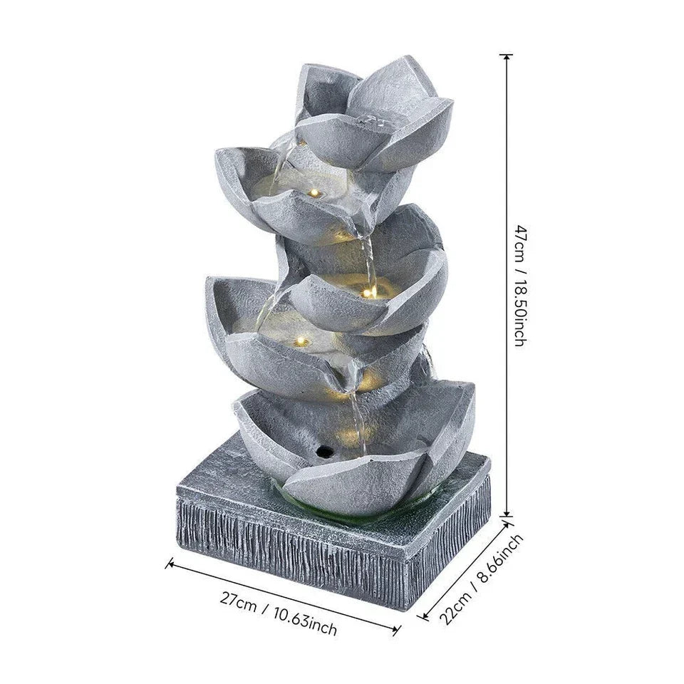 Water Feature Lotus Cascading Fountain With Solar LED Light Outdoor Garden Decor