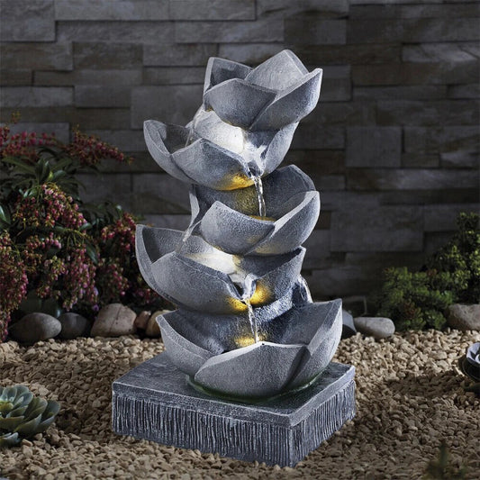 Water Feature Lotus Cascading Fountain With Solar LED Light Outdoor Garden Decor Corbycart