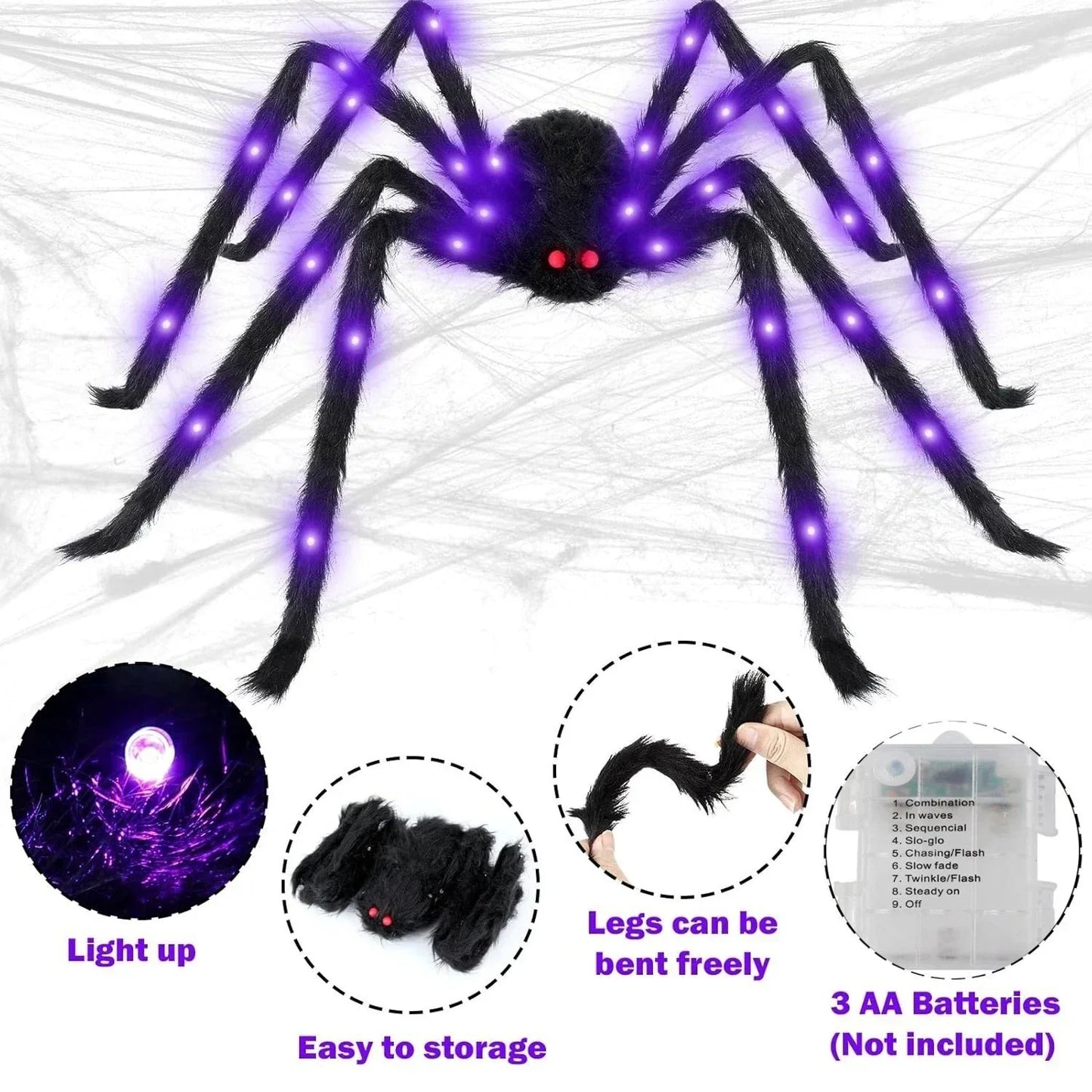 Halloween Prop Spider Decoration 150CM 8 Mode Light Up Giant Spider, Realistic