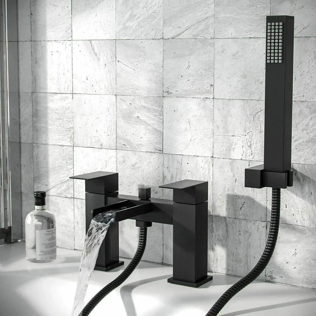Bathroom Modern Waterfall Black Basin Sink Mono Square Mixer Tap Filler Waste CorbyCart