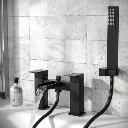 Bathroom Modern Waterfall Black Basin Sink Mono Square Mixer Tap Filler Waste CorbyCart