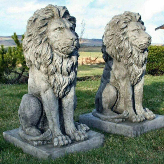 Pair Large Proud Lions Heavy Stone Cast Garden Statues by DGS UK 330KGS Corbycart