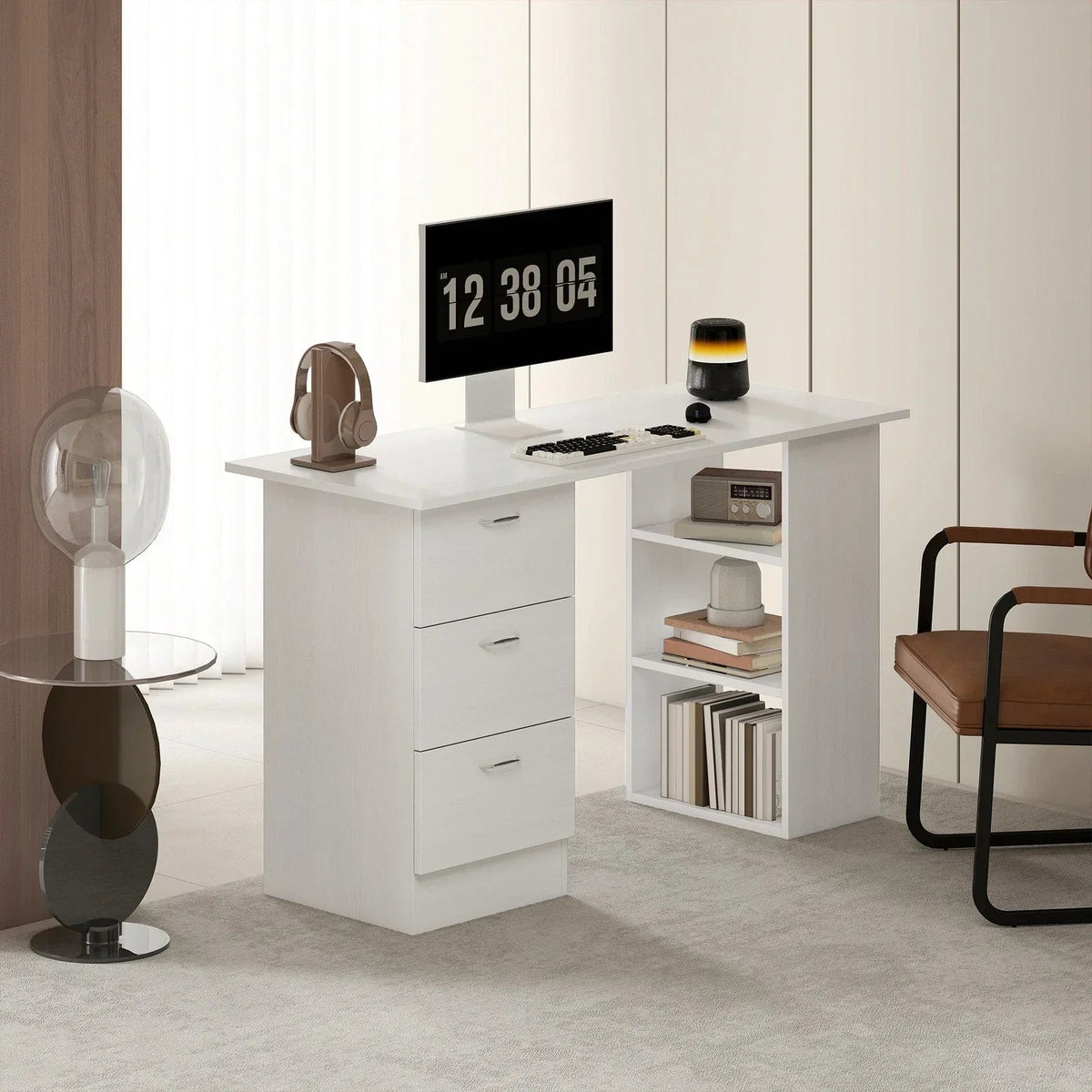 120cm Computer Desk PC Table Workstation w/ 3 Shelf & Drawers White CorbyCart